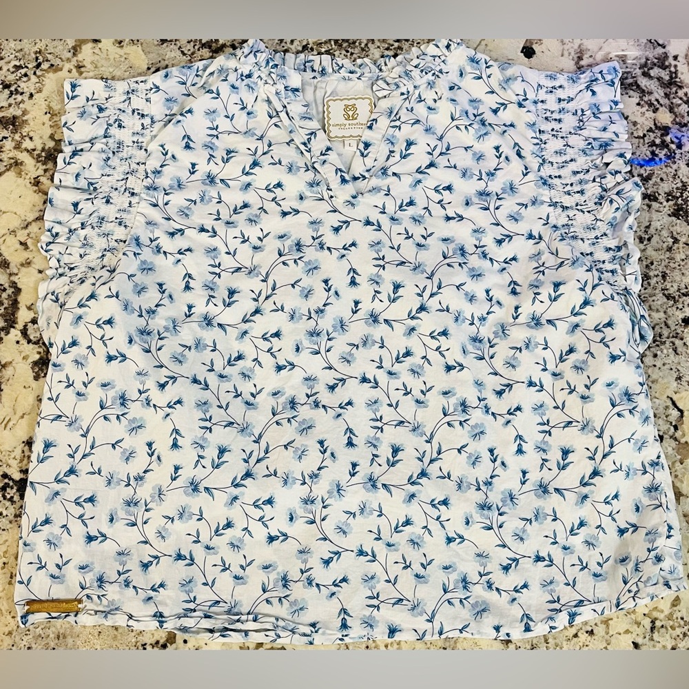 Simply Southern White and Blue Floral Blouse